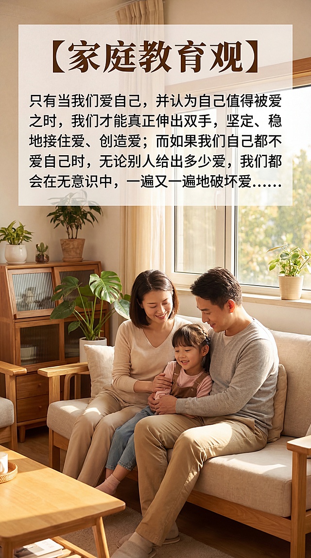 温暖治愈的家庭教育宣传图，画面中有温馨的中国父母和中国女孩子，一家人亲密互动，背景是明亮温暖的居家客厅，图片上方清晰书写正确中文标题“【家庭教育观】”，正文清晰书写正确中文：“只有当我们爱自己，并认为自己值得被爱之时，我们才能真正伸出双手，坚定、稳稳地接住爱、创造爱；而如果我们自己都不爱自己时，无论别人给出多少爱，我们都会在无意识中，一遍又一遍地破坏爱......”，所有文字书写清晰、排版整齐