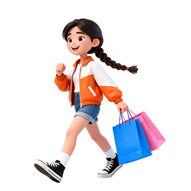 一个扎着麻花辫的年轻女人，面带微笑，一只手里拎着蓝色和粉色的购物袋，另一只手握住，迎面朝着左前方走去。上身穿着橙色和白色的外套，下身穿着牛仔短裤，脚上穿着黑白的帆布鞋，露出白色的袜子。3D风格，纯白色背景
