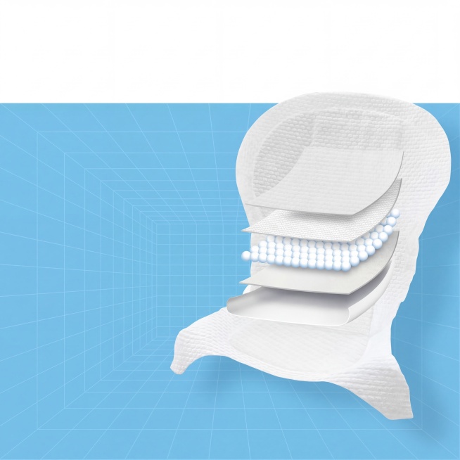 只保留图中的卫生巾产品结构示意图，移除所有文字、标注和圆形细节图，保留原图构图和产品分层结构，背景保留原浅蓝色网格，提升产品清晰度和质感预览效果