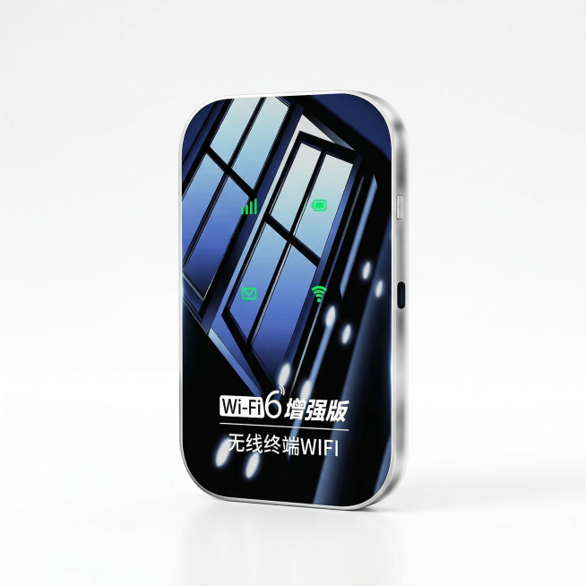 将图一的产品界面设计贴入图二的产品机身中，保留图二产品的外形、金属边框和立体效果，保留四个绿色功能标识位置不变，保留图一的文案'Wi-Fi 6增强版 无线终端WIFI'，替换原产品上的品牌文字，生成超预览效果