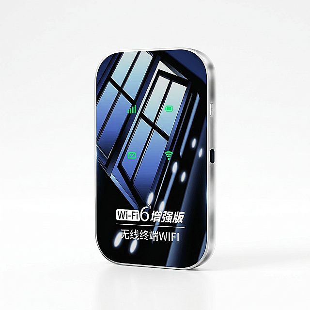 将图一的产品界面设计贴入图二的产品机身中，保留图二产品的外形、金属边框和立体效果，保留四个绿色功能标识位置不变，保留图一的文案'Wi-Fi 6增强版 无线终端WIFI'，替换原产品上的品牌文字，生成超清商业产品图