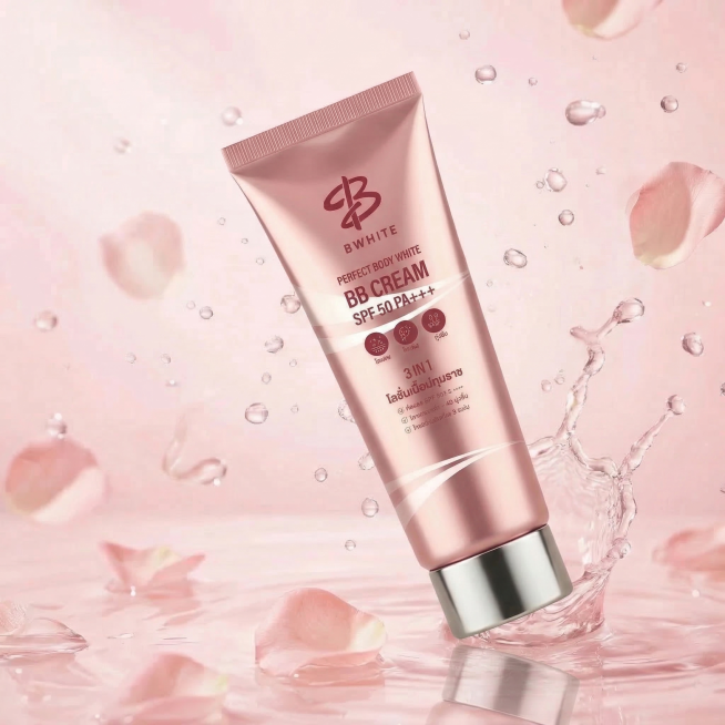 将产品斜着放在画面居中位置，稍微放大产品，去掉产品右下角的圆形图标，保留原图所有其他元素，不改变原有粉色花瓣和水珠背景，不破坏背景细节，保持原图整体风格和色调不变预览效果