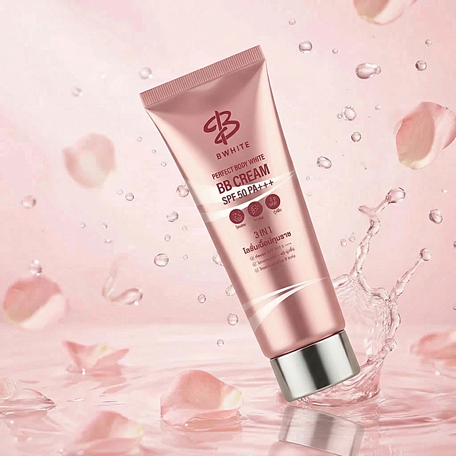 将产品斜着放在画面居中位置，稍微放大产品，去掉产品右下角的圆形图标，保留原图所有其他元素，不改变原有粉色花瓣和水珠背景，不破坏背景细节，保持原图整体风格和色调不变