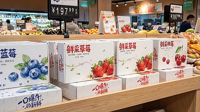 鲜采草莓礼盒整齐摆放在超市生鲜区货架中层，保持原包装设计不变：白色底+水彩草莓+红色“鲜采草莓”字样+“一口爆汁！的新鲜”标语，周围搭配蓝莓、樱桃同色系水果礼盒，浅木色货架层板，暖白色超市灯光，背景可见价签和促销小立牌，干净明亮，生活化氛围，商品摄影风，细节清晰，超写实质感，8K分辨率