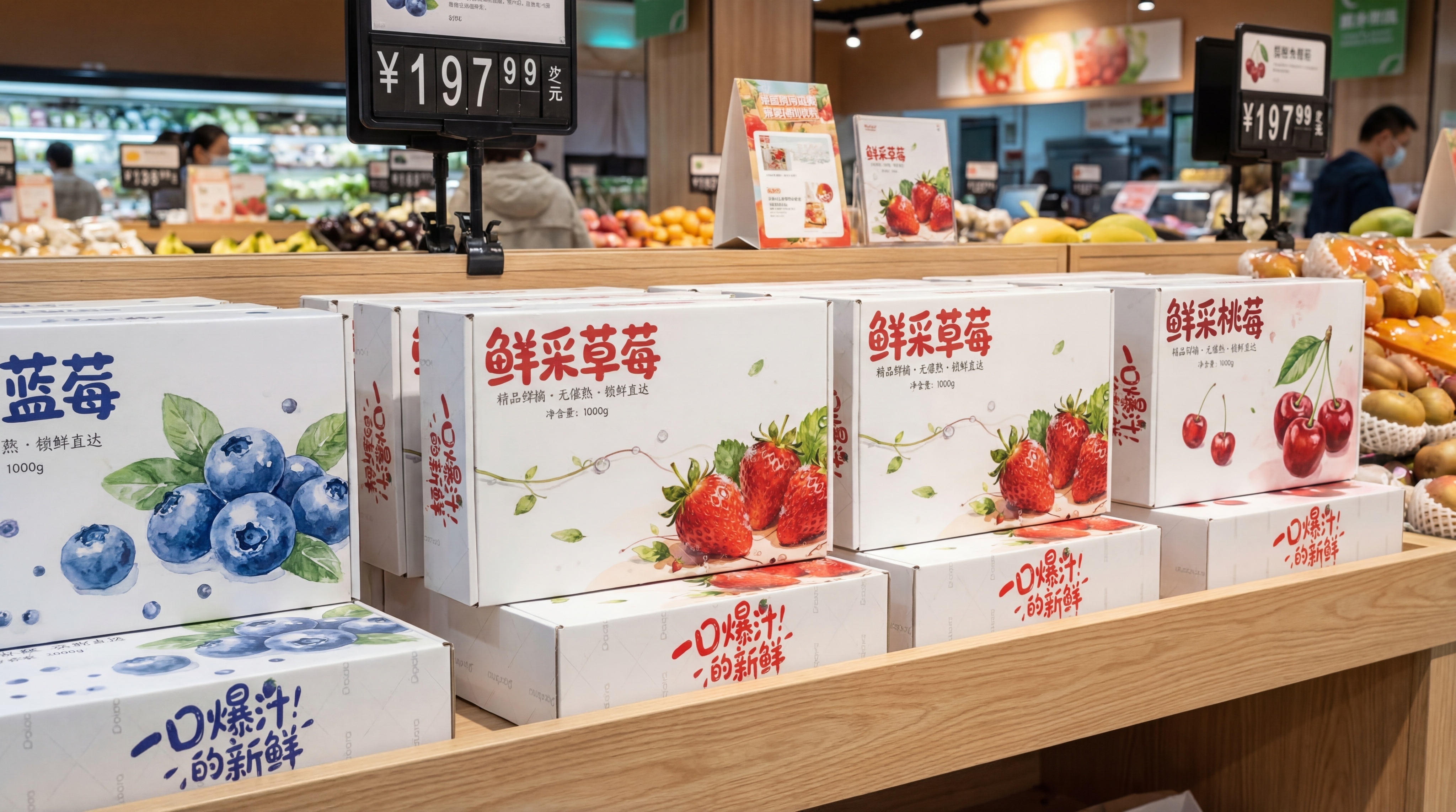 鲜采草莓礼盒整齐摆放在超市生鲜区货架中层，保持原包装设计不变：… - 图片创意预览
