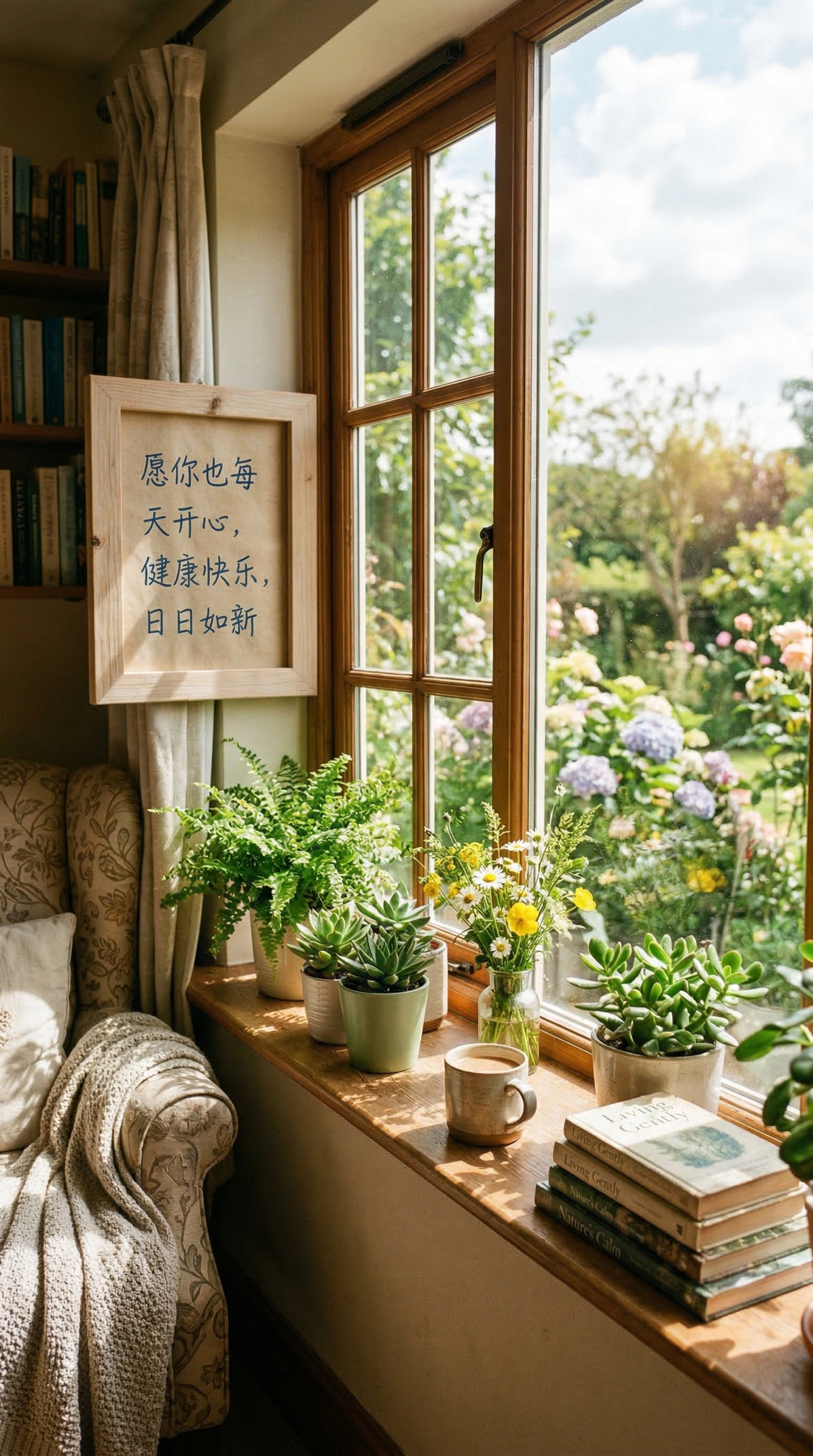 温暖治愈的温馨美好场景，阳光明媚，万物清新，画面上带有文字文案… - 图片创意预览