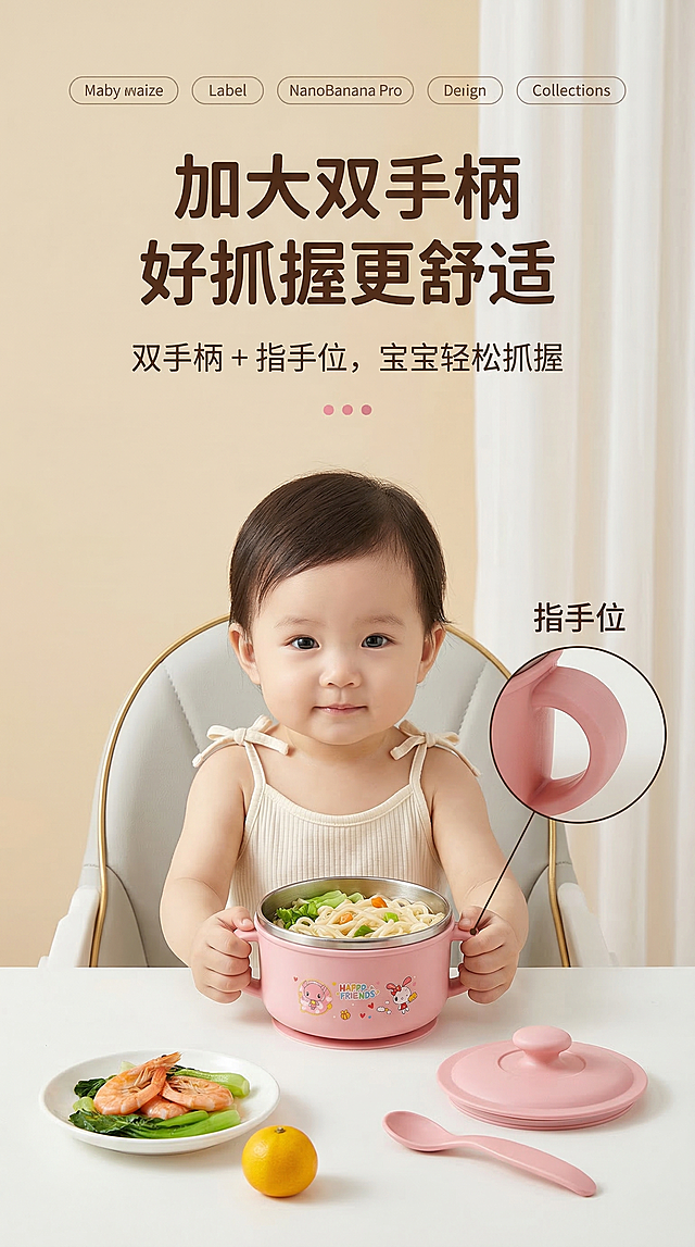 8K 超高清细腻画质，高端母婴商业写实摄影风格，温馨治愈明亮的产品宣传风，光影柔和均匀，无过曝无暗部死黑，画面通透干净。严格还原上传的粉色辅食碗产品细节：粉色碗、双把手设计、HAIPPY FRIENDS品牌标识、粉色勺子、带盖款造型，硅胶防滑底座，保持产品哑光不锈钢质感与食品级硅胶的柔和亲肤质感，产品比例1:1真实还原。画面居中构图，核心主体为1-2岁可爱东亚女宝宝，身穿米白色系带小吊带，坐在浅灰色带金边儿童餐椅上，双手分别握住辅食碗两侧手柄，动作自然乖巧，表情温和看向镜头，宝宝与产品位于画面中下部核心视觉区域，画面上半部分预留充足文字排版空间。前景为纯白色哑光桌面，桌面摆放辅食碗，碗内装有面条与青菜，摆放同系列粉色碗盖、盛有虾仁与绿叶菜的白色餐盘、一颗黄色小橘子，产品清晰突出，层次分明。画面文字排版：标签正下方为两行超大号加粗无衬线深棕色主标题，第一行"加大双手柄"，第二行"好抓握更舒适"；主标题下方为稍小一号的细体无衬线深棕色副标题"双手柄 + 指手位，宝宝轻松抓握"；副标题下方为三个粉色小圆点装饰；画面右侧中部为深棕色文字"指手位"，文字下方搭配圆形放大弹窗，清晰展示辅食碗手柄上的指手位纹理细节，所有文字层级清晰，不遮挡产品与宝宝主体。整体色彩以奶白色、暖黄色、浅米色为主色调，搭配柔和的暖棕色文字，背景为浅米色哑光墙面与白色窗帘，采用明亮柔和的室内自然光漫射，整体氛围温馨治愈、干净明亮，符合母婴产品的安全舒适调性，整体排版精致如高端母婴杂志，卖点清晰直观。