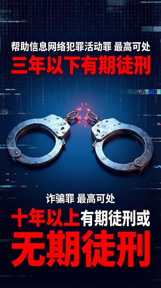 竖版法治宣传海报，背景是深蓝色到黑色渐变，带有二进制代码和微弱的数字故障效果。画面中心是一副高细节金属手铐，横向放置，表面有冷峻的反光和磨损感，锁链处断裂并散发红色光丝。手铐上方是白色文字"帮助信息网络犯罪活动罪 最高可处"，下面紧接巨大加粗的红色文字"三年以下有期徒刑"，字号极大，有发光效果。手铐下方是白色文字"诈骗罪 最高可处"，下面紧接巨大加粗的红色文字"十年以上有期徒刑或无期徒刑"，其中"十年以上""无期徒刑"放大突出。整体光影强烈，充满警示氛围，8k分辨率，电影感灯光。