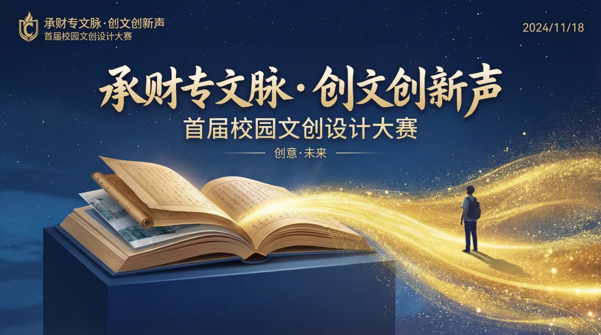 设计首届校园文创设计大赛"承财专文脉·创文创新声"主题KV主视觉背景板，深蓝色星空背景，翻开的旧书本中央射出金色金沙流光，右侧背包学生背影眺望远方，左上角金色品牌logo，顶部大标题"承财专文脉·创文预览效果