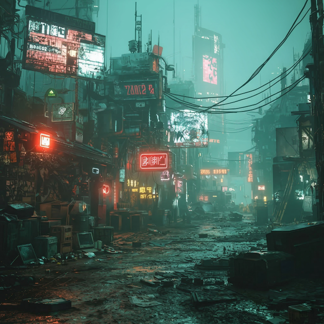 移除图片前景左侧的豪华汽车，保留赛博朋克风格雾气迷漫的城市街道、霓虹灯广告牌、破败街道和整体氛围，保持与原图一致的青绿色调预览效果