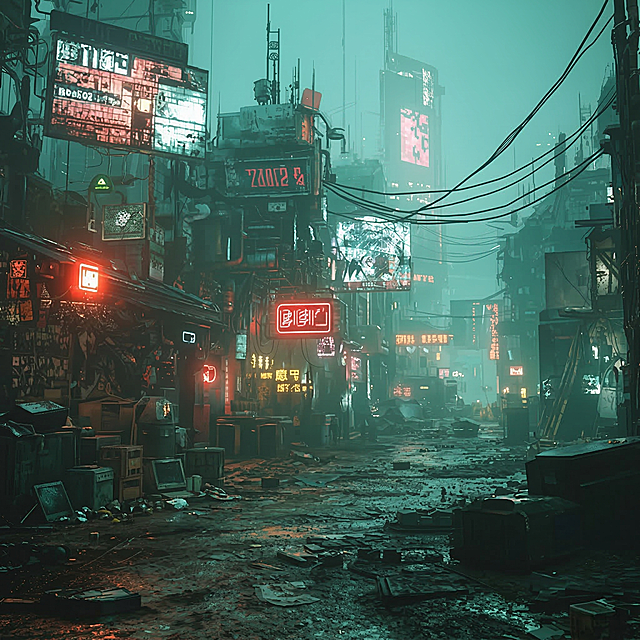 移除图片前景左侧的豪华汽车，保留赛博朋克风格雾气迷漫的城市街道、霓虹灯广告牌、破败街道和整体氛围，保持与原图一致的青绿色调