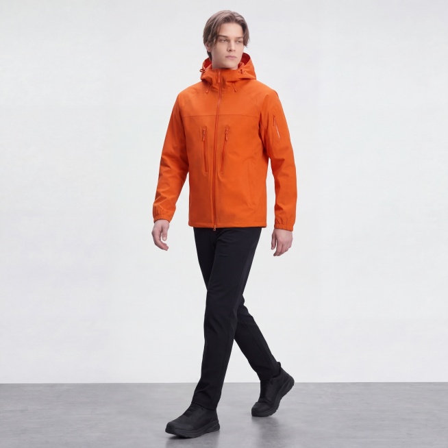 基于原图，保持这件橙色连帽外套不变，保留所有颜色细节和版型，改变模特动作为行走抓拍，双腿迈开，自然动态，保持灰色地面白色背景，光线自然，写实8K高细节，衣服贴合不变形预览效果