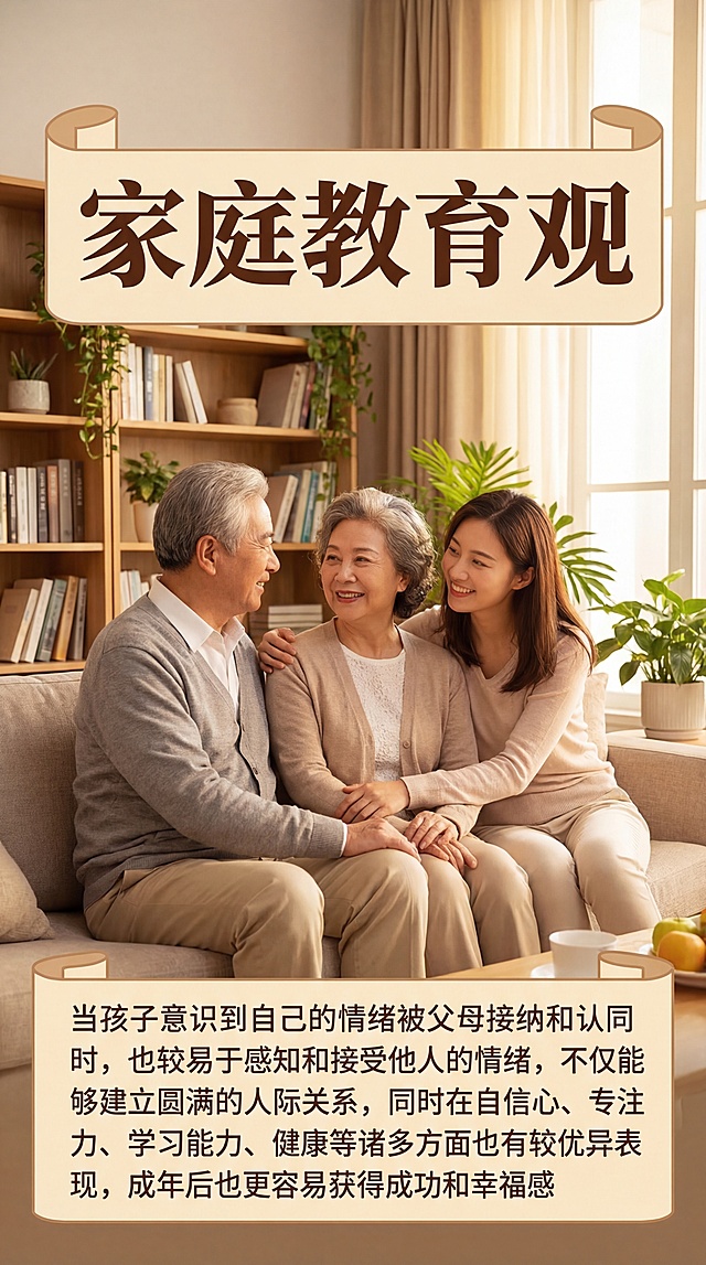 温暖的家庭场景，中国父母和他们的中国大学生女儿温馨相处，氛围融洽，画面上方有清晰正确的中文大标题“家庭教育观”，下方配清晰正确的中文文字“当孩子意识到自己的情绪被父母接纳和认同时，也较易于感知和接受他人的情绪，不仅能够建立圆满的人际关系，同时在自信心、专注力、学习能力、健康等诸多方面也有较优异表现，成年后也更容易获得成功和幸福感”，所有文字书写清晰准确