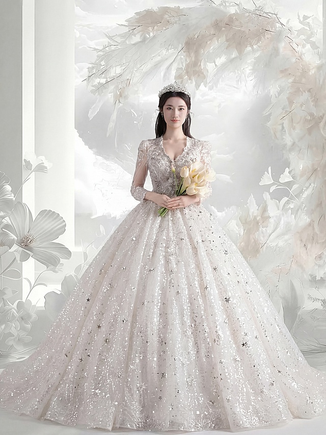 将图1背景替换为图2的浅色花艺背景，保持原图人物主体不变，让人物和新背景自然融合，同时给婚纱裙摆添加更多闪亮亮片和星星装饰，增加裙子的光泽感和梦幻感，整体色调统一明亮