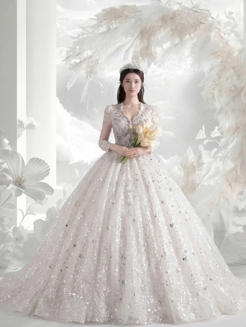 将图1背景替换为图2的浅色花艺背景，保持原图人物主体不变，让人物和新背景自然融合，同时给婚纱裙摆添加更多闪亮亮片和星星装饰，增加裙子的光泽感和梦幻感，整体色调统一明亮预览效果