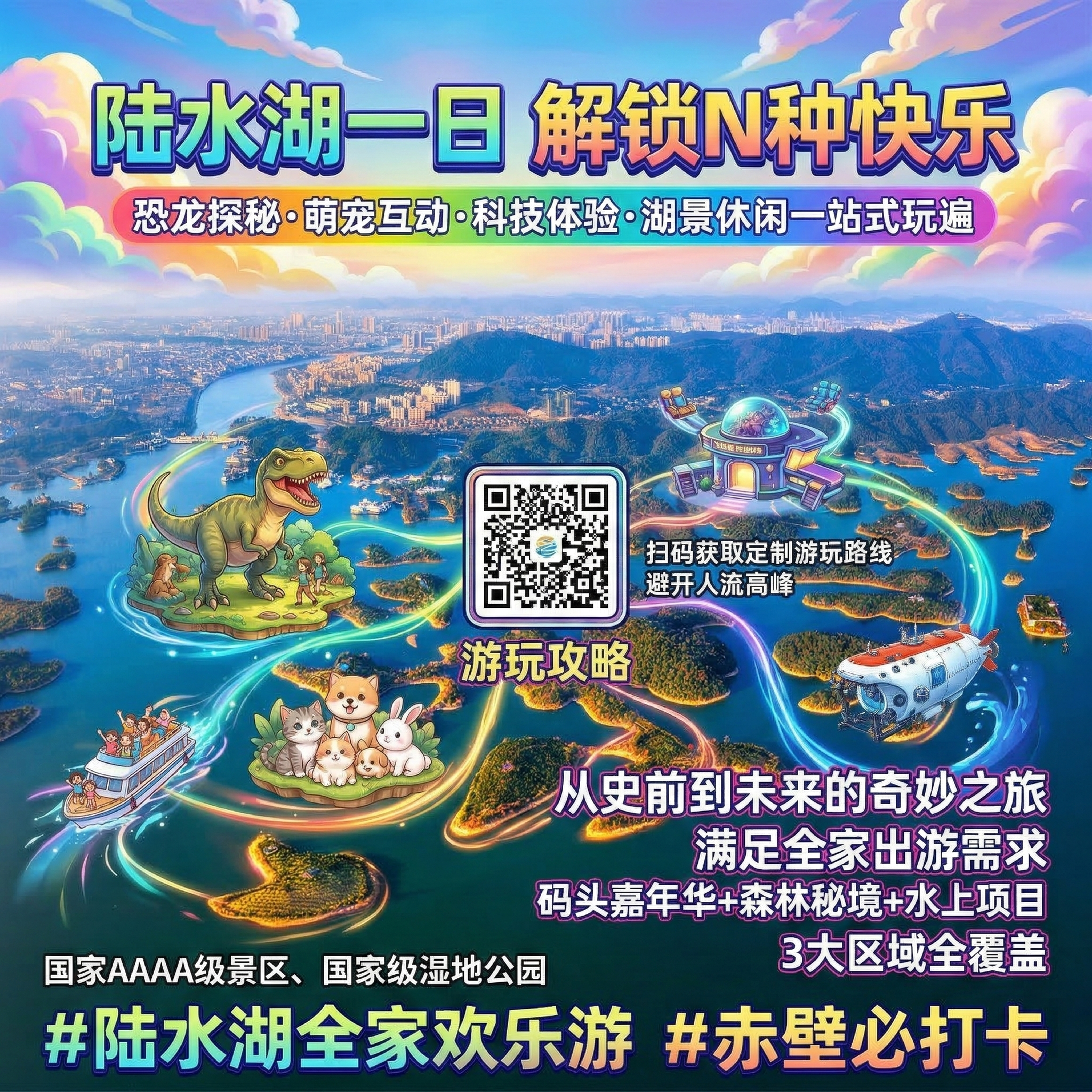 旅游宣传海报，主视觉：将恐龙、萌宠、飞翔影院、蛟龙号用动态线条… - 图片创意预览