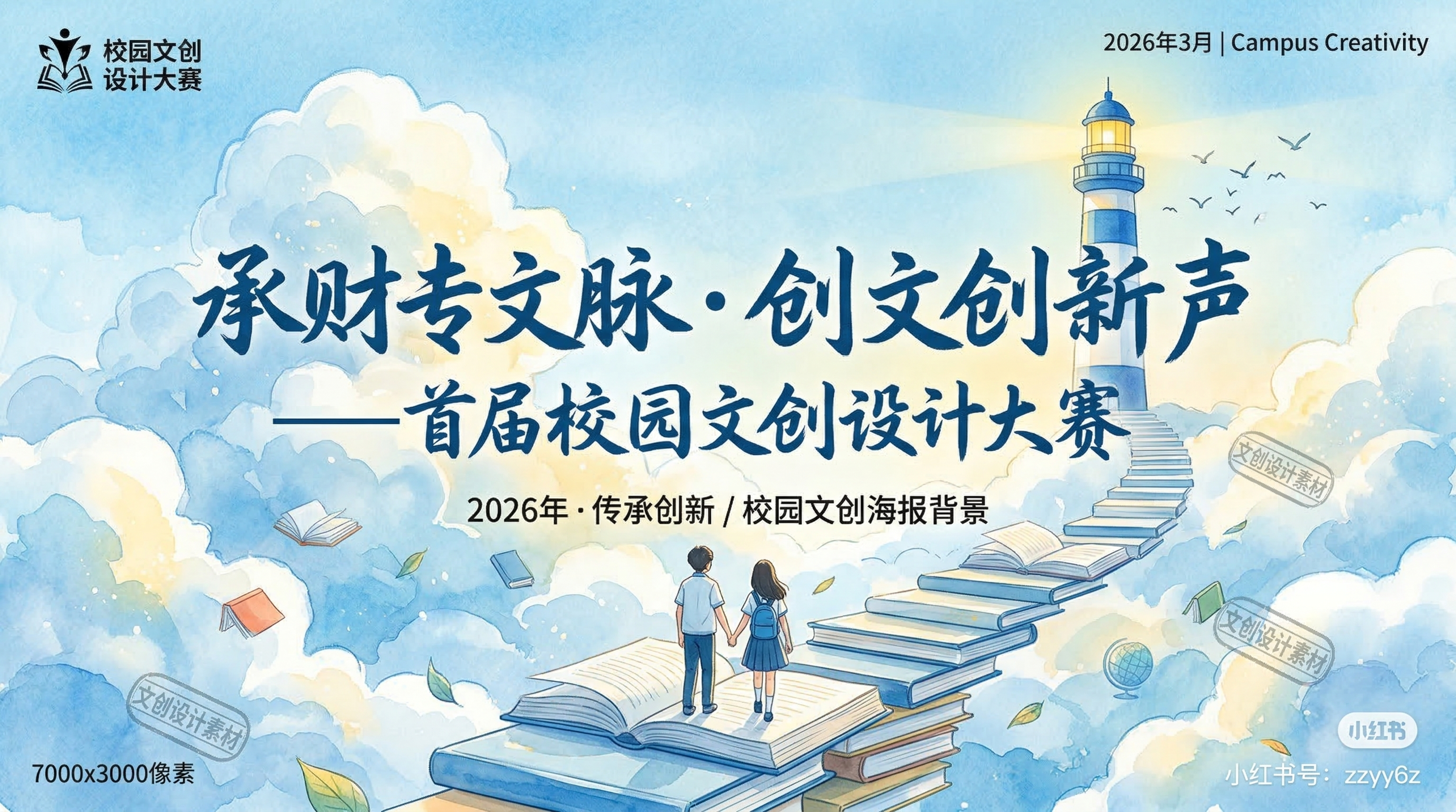 参考提供的设计风格：蓝色水彩手绘风格，书本化作阶梯指向灯塔，设… - 图片创意预览