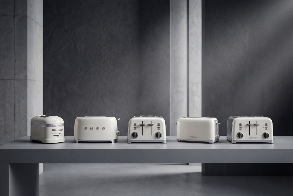 一张黑灰色极简风大气的家电产品场景展示图。五款米白色烤面包机（2槽款、长槽款、4槽款共5个型号）分别整齐摆放在同一个灰色展示台上。保持每个产品的原有物理结构、形态和文字标识完全不变，产品无扭曲变形。使预览效果