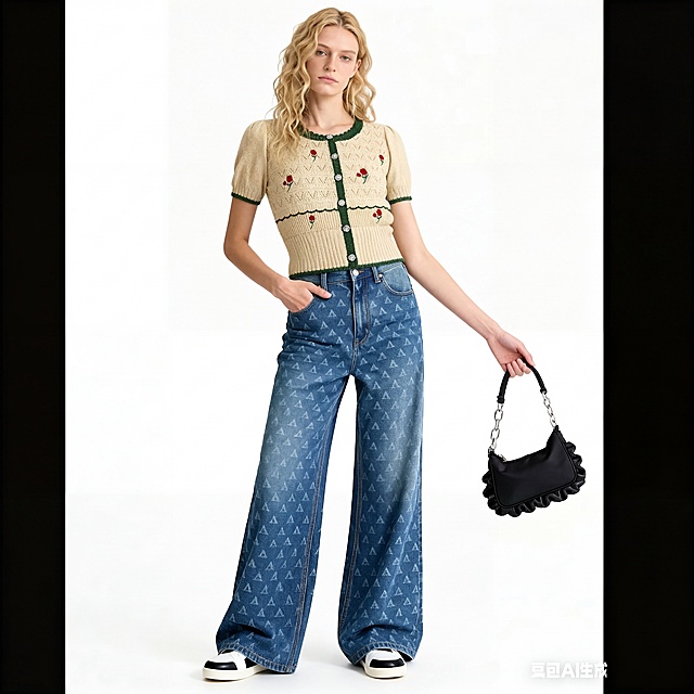 将针织衫主体颜色修改为米杏色，保留绿色包边、红色玫瑰刺绣和银色纽扣不变，保持模特姿势、牛仔裤、包包和纯白色背景不变，重新生成全身效果图