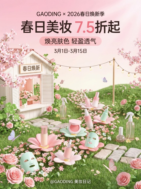 C4D清新治愈风电商促销海报，春日焕新大促氛围。核心场景为春日花园，中央是花海小径，各类春日美妆护肤产品（粉底液、腮红、精华、面膜）分布在小径及周边，部分放置在花瓣上，传递“春日焕亮、轻盈透气”的感知预览效果