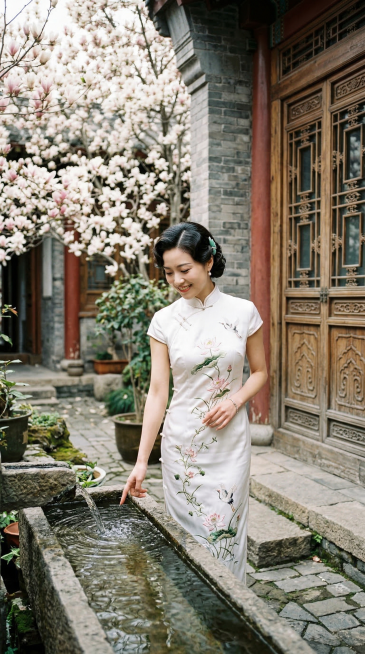 东方女子身着素白绣花旗袍，站在深深古巷庭院幽深处，背景是繁花满树春意正浓，盛开的玉兰枝，灰墙红柱百年窗棂的雕花木门前，女子面带微笑，指尖轻触流水，光影柔和，充满东方诗意风韵，灵动与沉静交织，画面诗意唯预览效果