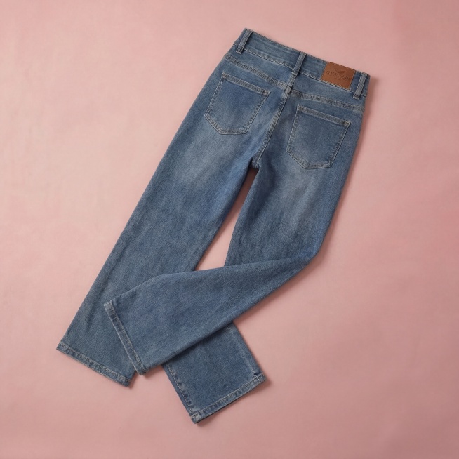 女式牛仔裤背面平铺展示，后袋、腰头缝线与皮标清晰可见，豆沙粉哑光背景，柔和漫射光+双侧柔光补光，单侧投影自然，CRI98+高显色，8K超高清，商业电商摄影标准, 保持牛仔裤原有结构、颜色、Logo与皮预览效果