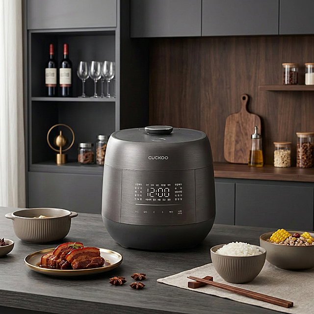 将提供的智能电压力锅产品图，自然融合到现代轻奢风封闭式居家厨房场景中。商业家电产品摄影，高端静物广告大片，极致写实风格，专业影棚级拍摄质感，正面平视微低机位，标准50mm焦段，零畸变，中景构图，主体居中放置，适中景深，前景自然引导，背景柔和虚化，前后景层次分明，核心主体全程锐利清晰。保持CUCKOO品牌和面板文字原样，保持主体物理结构不变。整体低饱和度暖灰调高级色彩体系，主色调为哑光深灰、沉稳炭黑、深咖木色，低对比度，暖色温，色彩和谐统一，整体饱和度偏低，暗部细节丰富无死黑，亮部柔和不刺眼，仅以食物的暖棕、米白、玉米黄、红棕色做自然点缀，无艳丽跳脱色彩。专业级柔光布光，主光源为侧前方大面积柔光箱，均匀照亮主体，无生硬阴影；侧后方配置轮廓辅光，精准分离主体与背景；整体光线均匀柔和，明暗过渡自然细腻，金属材质呈现自然柔和的光泽渐变，玻璃面板带有轻微真实的环境反光，食物带有柔和轮廓光突出肌理，无直射硬光，无刺眼光斑，整体光影氛围感拉满。场景前景为深灰色哑光实木台面，木纹纹理清晰自然；台面摆放哑光磨砂陶瓷餐具，带竖纹肌理的深灰色陶瓷汤碗、金边陶瓷餐盘、哑光陶瓷饭碗，餐盘内盛放红烧肉、玉米杂粮炖菜、白米饭，搭配实木筷子、棉麻餐布，散落少量八角香料；背景为深灰色哑光烤漆橱柜，左侧开放式层架摆放红酒瓶、水晶高脚杯、黄铜金属摆件、玻璃密封罐，背景墙面为深咖色哑光木饰面，右侧背景摆放实木砧板、玻璃油壶、食材密封罐，整体环境整洁干净，无杂乱元素，空间纵深感强，静谧高级的居家烟火氛围，无窗外庭院、无绿植、无额外灯具。商业高调摄影，透光窗帘柔和漫射光，前中后景层次分明，保持产品原有结构和品牌文字不变，禁止扭曲变形，保持Logo和文字原样。负面提示：多余的盖子、缺失的部件、悬浮的物体、变形的手柄、摄影灯、柔光箱、三脚架、水印、文字、昏暗光线、死黑阴影、畸变透视、比例失调、西方面孔、金发、深眼窝、雀斑、杂乱房间、硬光、乡村风、塑料感、低模、噪点、平面化