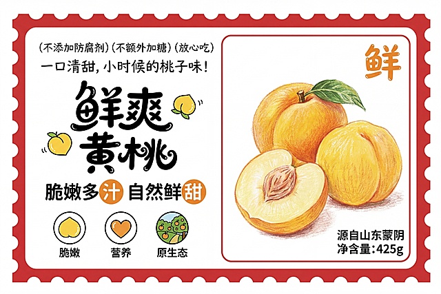 保持参考图片内容不变，邮票式圆角矩形包装标签，红色波浪齿边，白色背景，左右分栏布局。左侧主标题为“鲜爽黄桃”，粗黑圆润卡通手写字体，带俏皮黄桃小表情装饰;上方标语“(不添加防腐剂)(不额外加糖)(放心吃)一口清甜，小时候的桃子味!”;中部“脆嫩多汁自然鲜甜”，“汁”“甜”嵌入暖橙色圆形底纹;底部三个圆形图标:黄桃轮廓+脆嫩、爱心营养+营养、果园+原生态。右侧为3颗蜡笔手绘质感的黄桃，1颗完整带绿叶果蒂、1颗完整去皮黄桃、1颗对半切开露出淡黄色果芯果肉;右上角暖橙色印章式“鲜”字，右下角标注产地“源自山东蒙阴”与规格“净含量:425g”。整体色彩温暖柔和，童趣手绘风格，文字与插画清晰完整无遮挡，4K高清，适合黄桃罐头食品包装。