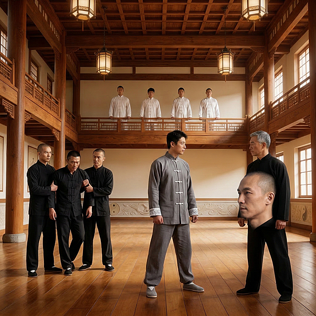 生成一张武馆演武厅比武场景图，空旷的中式木质演武厅背景，中央站着穿灰色中式练功服的林默和穿黑色中式练功服的灰白头发教练李松准备比武，两侧分别由穿黑色服饰的人搀扶着张昊，二楼看台上站着四位穿白色中式练功服的学员观看比武，整体氛围紧张庄重，写实风格，光影自然。人物参考提供的服饰和样貌特征进行合成