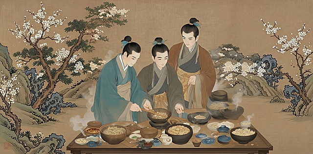 将图片整体扩展放大一倍，保持原图风格不变，提升清晰度至4K，保留原有古工笔画风格、三位古人围桌煮面、梨花树木的内容，保证画面自然和谐