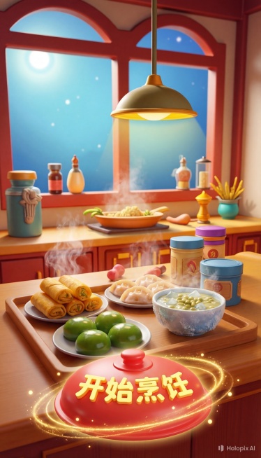 参考原图欧美3D卡通风格，保留四个节气美食（立春春卷、清明青团、冬至饺子、大暑冰镇绿豆汤）摆放在木质托盘上，保持厨房场景，在画面下方添加一个巨大醒目的3D操作按钮，按钮设计成蒸笼盖子形状，鲜艳红色，按预览效果
