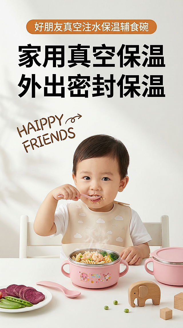8K超高清细腻画质，高端母婴商业摄影风格，温馨治愈明亮的母婴产品宣传风，光影均匀柔和，无过曝无暗部死黑，画面干净通透。严格还原产品细节：粉色碗、双把手设计、HAIPPY FRIENDS品牌标识、粉色勺子、不带盖款造型，硅胶防滑底座，保持产品哑光不锈钢质感与食品级硅胶的柔和亲肤质感，产品比例1:1真实还原。画面中下部为1-2岁的可爱东亚男宝宝，身穿纯白色短袖T恤，佩戴半透明浅杏色云朵图案围兜，坐在白色儿童餐椅上，右手拿勺子正在进食意面，使用的勺子严格还原粉色勺子，动作自然生动，表情乖巧正视镜头，宝宝与产品的大小比例符合真实物理空间，无突兀感。前景为纯白色哑光桌面，桌面居中摆放核心辅食碗，碗内装有虾仁、意面、西兰花等带热气的辅食，右侧摆放同款不带盖辅食碗，左侧摆放装有紫薯片、荷兰豆的白色餐盘，桌面散落大象造型木质小玩具、豌豆粒、小木块，产品位于画面视觉焦点，清晰突出。画面文字排版：画面顶部居中设置橙色圆角矩形通栏，通栏内为居中对齐的白色粗体无衬线文字 "好朋友真空注水保温辅食碗"；通栏正下方、画面上半部分居中设置两行超大号加粗无衬线黑色主标题，第一行文字为 "家用真空保温"，第二行文字为 "外出密封保温"，行间距均匀，字体醒目，与文字风格统一；主标题左下方、宝宝左上方的空白区域，设置两行棕色手写体文字，第一行 "HAIPPY" 末尾搭配向右的手绘箭头，第二行 "FRIENDS"，文字排版自然活泼；所有文字层级清晰，不遮挡产品与宝宝主体。整体色彩以暖白色为基底，搭配暖橙棕、奶白色的柔和治愈配色，采用明亮柔和的窗边自然光漫射，背景墙面带有轻微的树叶光影纹理，背景为纯白色哑光极简墙面，无多余杂乱元素，最大化突出宝宝与产品主体，整体氛围温馨干净，符合母婴产品的安全治愈调性，整体排版精致如高端母婴杂志。