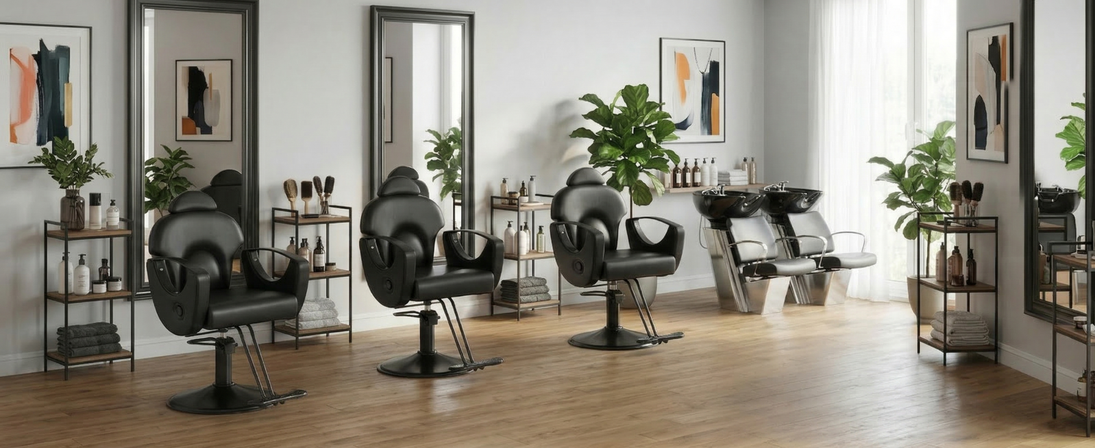 移除图片最右侧的那一把黑色理发椅，保留左侧三把黑色理发椅和整个高端现代理发店场景不变，保持保留下来的产品原有颜色、造型、姿势和比例完全不变，保持木质地板、白灰色墙面、镜子、置物架、绿植、装饰画、洗头台预览效果