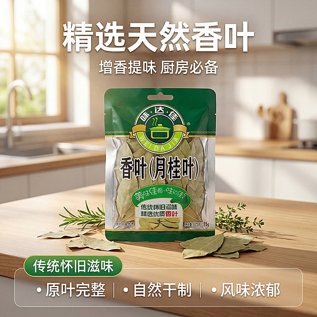 [垫图]https://gd-visitor.dancf.com/tmp02/433051cc06dd36dca08530bab73a62bf/6b1f3306499f4b81bbd27cb9780438de.jpg
[主图主题]味达佳香叶电商首图
[氛围/风格]干净清新厨房场景，自然暖光，真实质感，高食欲氛围感
[画面元素]味达佳香叶包装袋居中放置，背景是干净整洁的现代厨房台面，搭配散落的干香叶和新鲜香料作为点缀，柔和窗光从侧面洒入，光影自然通透，背景铺满全屏，无边框，主体产品完整清晰，占比约60%
[配色色系]主色调：原木米白（台面）；辅助色：深绿（产品包装），浅棕（干香叶），点缀少许新鲜绿植绿色
[视角构图]平视拍摄，景深适中，画面干净通透，主体突出
[文字版式]主文案 "精选天然香叶"，副标题 "增香提味 厨房必备"，左下角绿底白字圆角标签 "传统怀旧滋味"，底部半透明蒙层，三列卖点 "原叶完整 | 自然干制 | 风味浓郁"，字体为简洁无衬线体，白色文字，主标题醒目，大小对比分明，整体构图平衡舒适。
