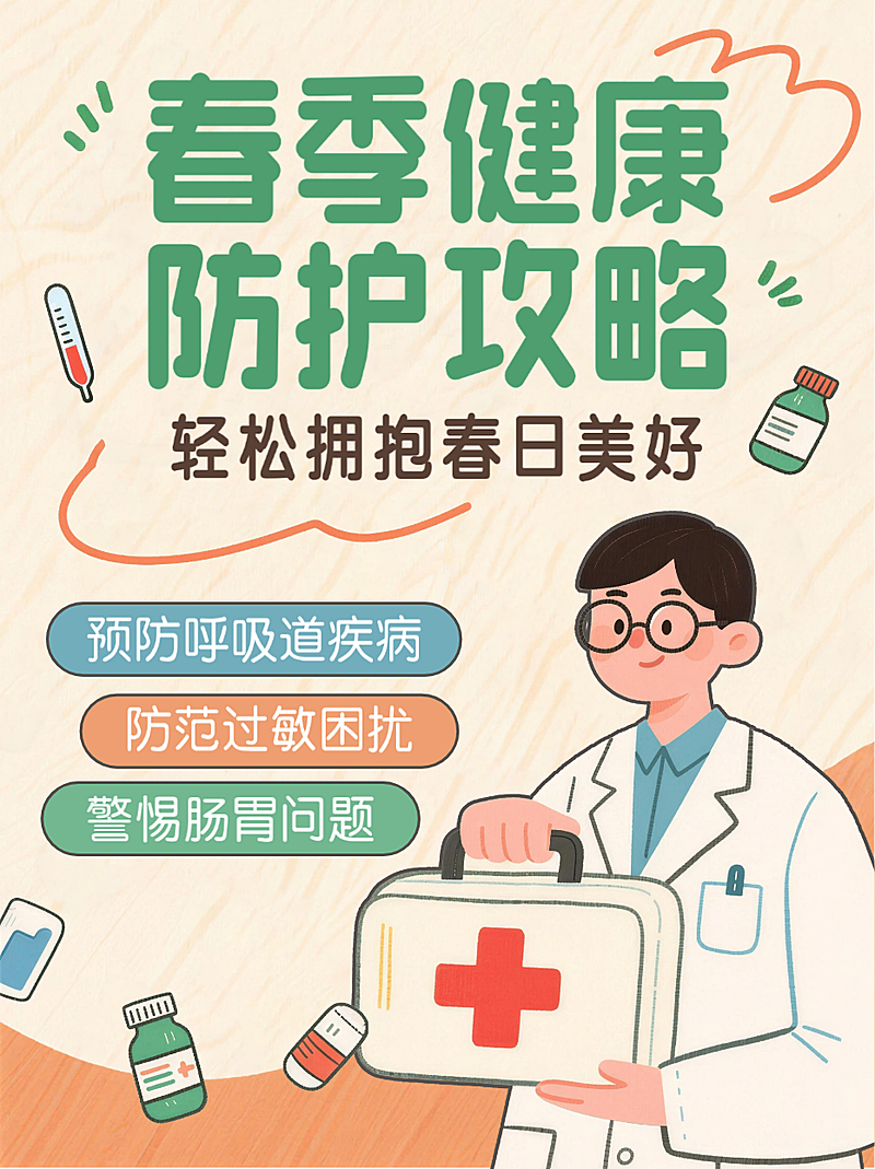 米色卡通风趣春季健康防护攻略医生疾病治疗小红书封面