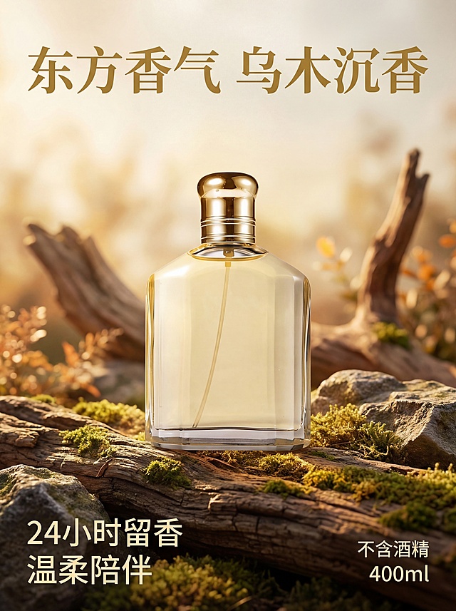 参照参考图排版布局，将香水瓶放置在枯木场景中央，保持香水瓶原有外形和透明质感不变。顶部配主标题“东方香气 乌木沉香”，角落装饰“24小时留香 温柔陪伴”“不含酒精”“400ml”文字，整体为柔和暖光，浅景深，商业香水产品摄影，细节丰富，4K高清