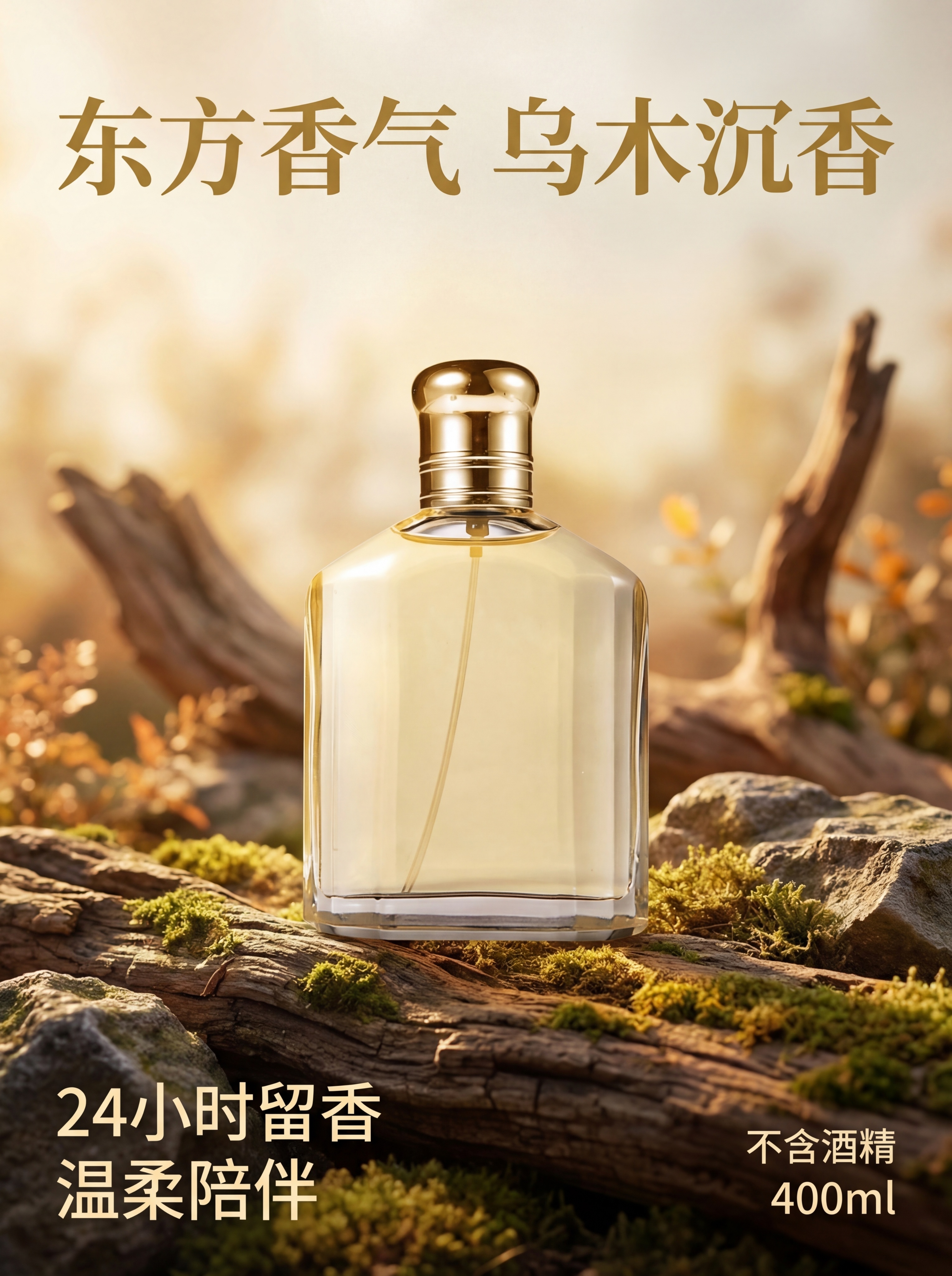 参照参考图排版布局，将香水瓶放置在枯木场景中央，保持香水瓶原有… - 图片创意预览