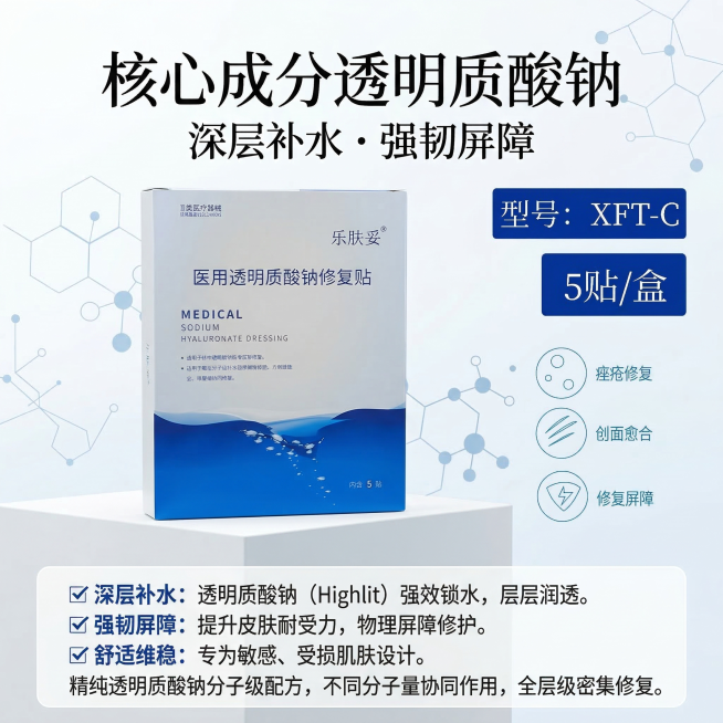 严格还原参考图中的乐肤妥医用透明质酸钠修复贴产品，包括包装设计、颜色、LOGO位置、文字内容、图案元素所有细节，保持产品哑光真实材质质感。产品俯视展示在画面上半部分，采用上下结构排版，视觉焦点集中在产预览效果