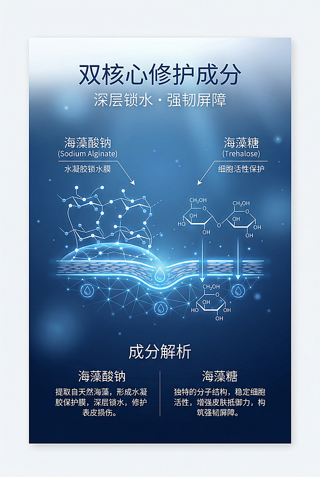 2:3竖版海报，主标题"双核心修护成分"在上居中，副标题"深层锁水・强韧屏障"，中间为海藻酸钠和海藻糖分子修护示意图，下方为成分解析；排版上下结构，全部居中对齐，上下留白充足，宝蓝色渐变背景，柔和柔光，极简分子线条，无衬线字体，医疗极简风。