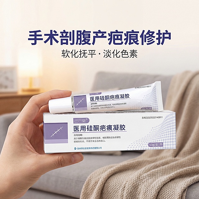 基于参考图，严格还原巴巴乐医用硅酮疤痕凝胶产品包装设计、颜色、LOGO位置、文字内容、图案元素、真实哑光材质质感。主标题“手术剖腹产疤痕修护”，副标题“软化抚平・淡化色素”。产品手持特写居中展示，背景为虚化居家护理场景，中心聚焦，留白环绕。光影为柔和暖光，背景是浅灰色家居环境，文字使用无衬线字体，突出“术后修护”关键词，产品质感清晰。负面提示词：模糊、变形、色差、场景杂乱、文字模糊、改变盒身/软管尺寸、背景花哨、人物突兀、多余道具、画质粗糙。