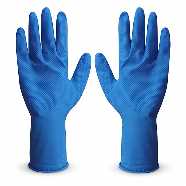 专业一次性蓝色丁腈手套产品摄影，保留自然手掌纹理，去除不合理褶皱，光影柔和均匀，造型立体饱满，纯白背景，8K，超写实，商业精修，柔和阴影，高质感光泽，电商主图，细节锐利