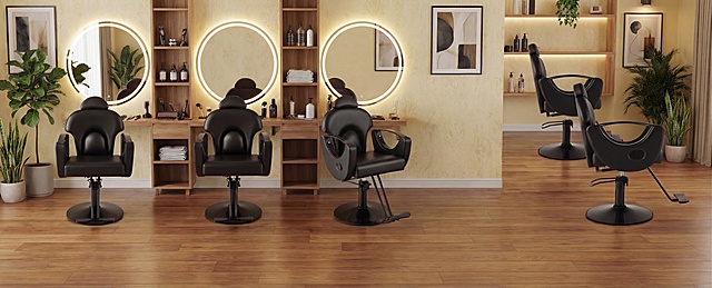 去掉图中的洗头台，将四把黑色理发椅自然融入高端理发店场景，保持原构图、理发椅结构颜色比例位置不变，保留木质地板、浅黄色优雅壁纸墙面、植物、镜子、理发工具置物架、装饰画，调整光线适配整体场景，风格保持高级优雅