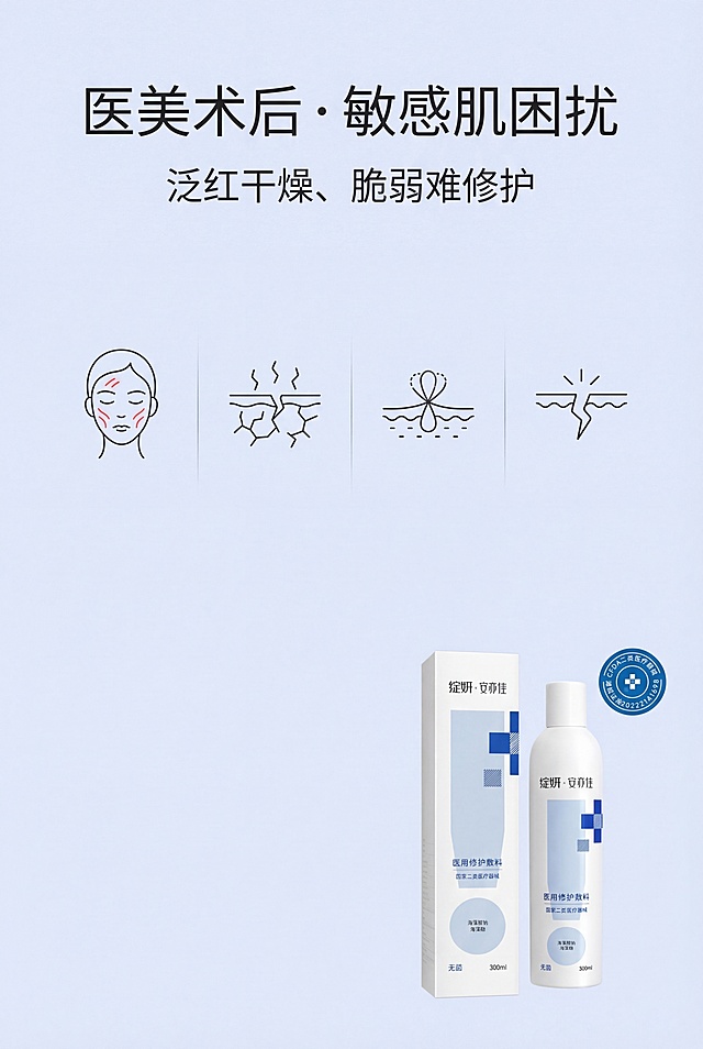 2:3竖版海报，主标题"医美术后・敏感肌困扰"在上1/3位置居中，副标题"泛红干燥、脆弱难修护"在标题下方8px居中，中间区域均匀排布4种问题肌肤示意图，右下角放置缩小版产品，产品精准还原参考图的包装设计、配色、LOGO位置比例、文字内容字体和所有细节；排版上下结构，左右对称，四周留白充足，宝蓝色低饱和色调，柔和均匀柔光，无明显阴影，图标为极简医疗线性图标，全部使用无衬线字体，整体干净克制。严格还原产品设计，无偏差，色彩不失真，产品比例1:1，遵循真实物理空间逻辑