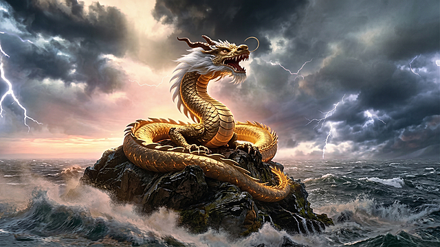 保留图片中的金色中国龙和礁石，将天空和海面背景修改得更加真实逼真，增强光影和细节质感，让云层海浪更自然写实