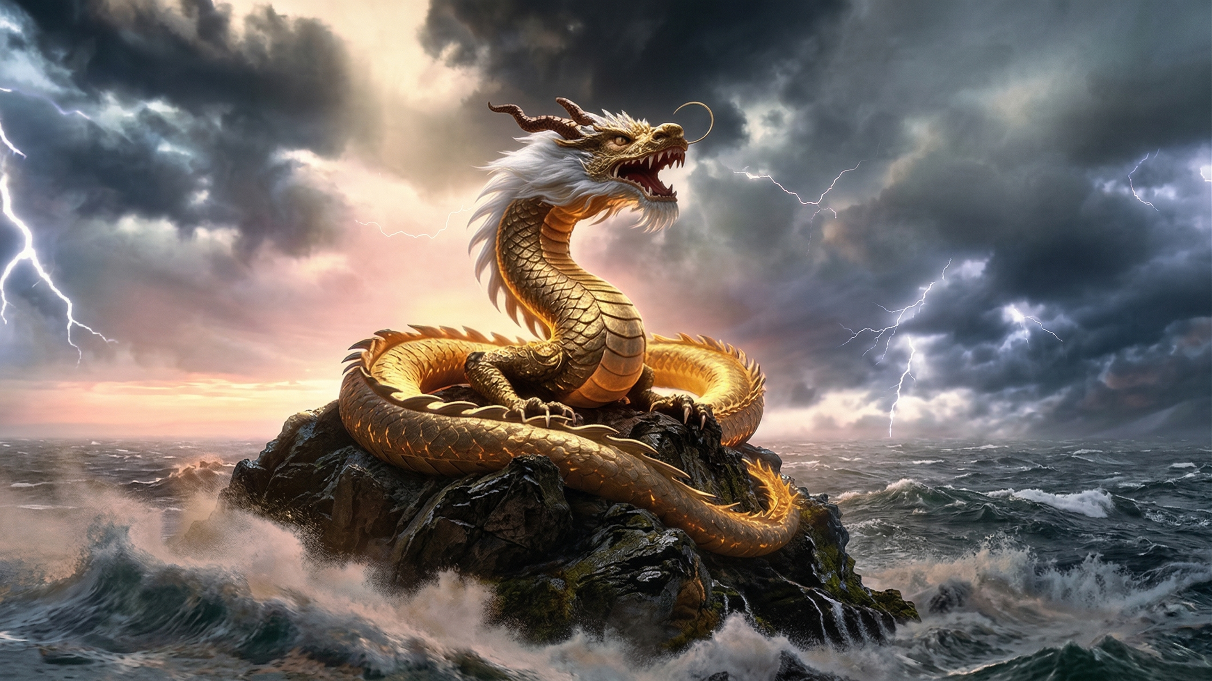 保留图片中的金色中国龙和礁石，将天空和海面背景修改得更加真实逼… - 图片创意预览