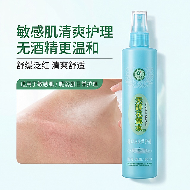 严格还原参考的奇力康无醇花露水（造口皮肤保护剂）产品图，完全保留包装设计、颜色、LOGO位置、文字内容、图案元素；瓶身为光滑天蓝色塑料材质，印刷清晰无反光；主标题：“敏感肌清爽护理 无酒精更温和”；副标题：“舒缓泛红 清爽舒适”；产品置于画面右侧，占画面40%，轻微侧拍角度；左侧为敏感肌护理场景：泛红/干燥肌肤示意图+喷雾动作，自然光氛围；场景旁标注文字“适用于敏感肌 / 脆弱肌日常护理”，无衬线绿色字体；左右布局，场景传递痛点，产品提供解决方案，留白12%；自然光，场景温和安心，产品光滑质感，天蓝色+白色主色调，与场景柔和氛围融合。禁止改变产品外观，禁止场景夸张，禁止添加无关元素，禁止色调偏离天蓝色+白医用专业风，禁止材质质感失真，禁止比例失调，禁止强光刺眼，禁止重阴影，禁止噪点多，禁止背景杂乱，禁止风格割裂，禁止文字模糊，禁止排版拥挤，禁止产品变形，禁止颜色偏差，禁止印刷模糊，禁止多余元素，禁止土气设计。