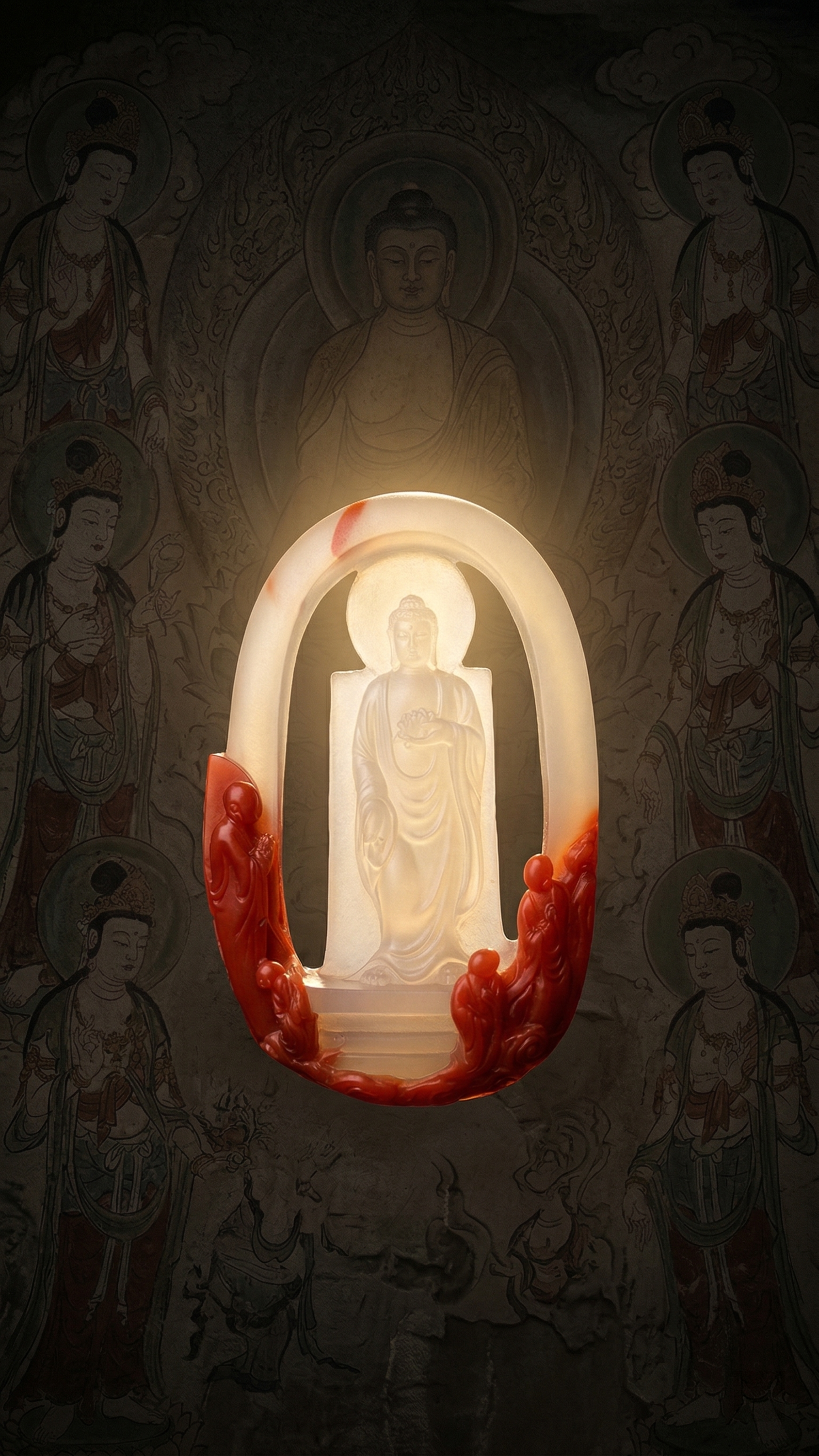 主体是红白色镂空玉吊坠，保持吊坠原有结构和材质不变，背景为暗色… - 图片创意预览