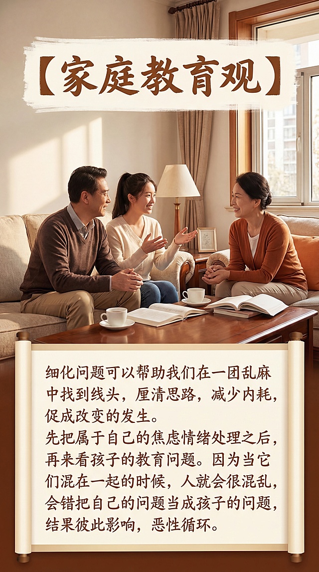 温馨的家庭场景，画面中有中年中国父母和中国大学生女孩一家三口，温馨的交流氛围，图片上方带有清晰书写正确的中文大标题"【家庭教育观】"，下方正文文字为"细化问题可以帮助我们在一团乱麻中找到线头，厘清思路，减少内耗，促成改变的发生。先把属于自己的焦虑情绪处理之后，再来看孩子的教育问题。因为当它们混在一起的时候，人就会很混乱，会错把自己的问题当成孩子的问题，结果彼此影响，恶性循环。",所有文字必须清晰可辨认，书写正确，暖色调写实风格
