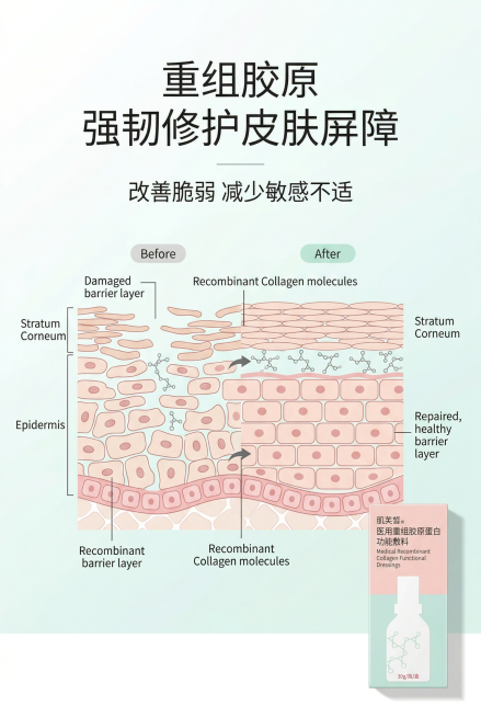严格还原上传的肌芙皙医用重组胶原蛋白功能敷料产品参考图，精准复刻包装设计、产品配色、LOGO位置及比例、文字内容及字体、图案元素及细节，无任何偏差，色彩无失真；产品与画面中其他物体的比例遵循真实物理空预览效果