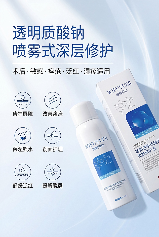 严格还原上传的微敷悦尔医用透明质酸钠皮肤修护液产品参考图，精准复刻包装设计、产品配色、LOGO位置及比例、文字内容及字体、图案元素及细节，无任何偏差，色彩无失真；产品与画面中其他物体的比例遵循真实物理空间逻辑，视觉协调，比例还原1:1，杜绝比例失衡、视觉突兀；主标题：“透明质酸钠 喷雾式深层修护”；副标题：“术后・敏感・痤疮・泛红・湿疹适用”；主标题居左上1/5处，副标题在主标题下方8px左对齐；产品斜放在画面右侧，左侧排列6个医疗线性图标+卖点文字：“修护屏障、保湿锁水、舒缓泛红、改善瘙痒、创面护理、缓解脱屑”；左右分栏排版，留白35%，视觉平衡；主色调白+宝蓝色，宝蓝色点缀；柔和左侧45°自然光，无硬阴影；高级医用极简风，简约无衬线字体，图标统一风格。负面提示词：图标杂乱，颜色花哨，文字过多，排版拥挤，产品变形，比例失调，阴影生硬，强光刺眼，画面模糊，噪点严重，背景复杂，多余元素，风格割裂，字体杂乱，位置错位，扭曲变形，色差严重，细节丢失，土气设计，装饰过度